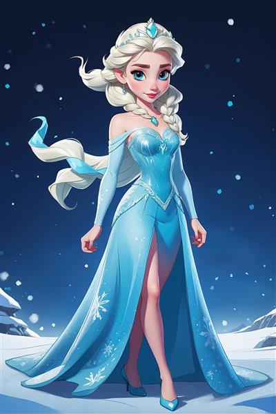 پرتره السا با تاج کریستالی و لباس آبی در دهکده برفی (چاپ دکوراتیو)