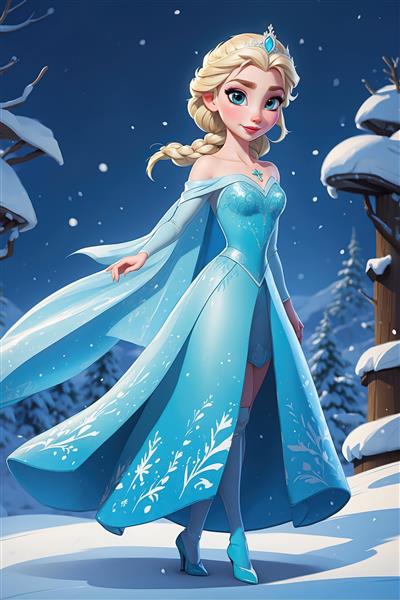 تصویر تمام‌قد السا با بافت موی بلند در طبیعت برفی و لباس آبی براق