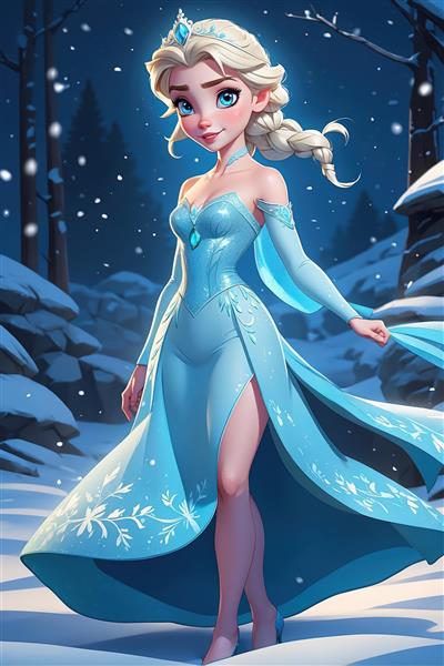 تصویر تمام‌قد السا در لباس آبی براق با مناظر برفی و جنگل