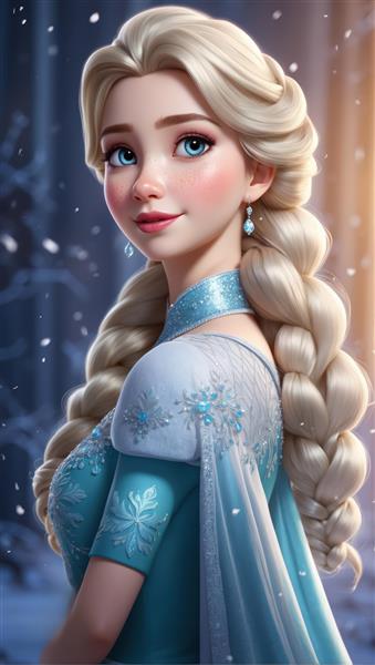 پرتره السا با موی بافته ضخیم در پس‌زمینه برفی مناسب چاپ پوستر