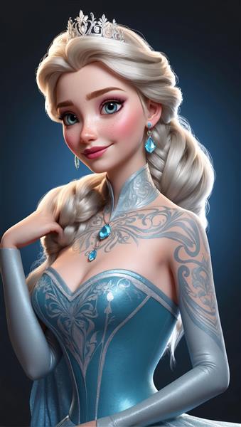 طرح السا با موهای جمع و طرح تتو فانتزی روی شانه در لباس آبی نقره‌ای