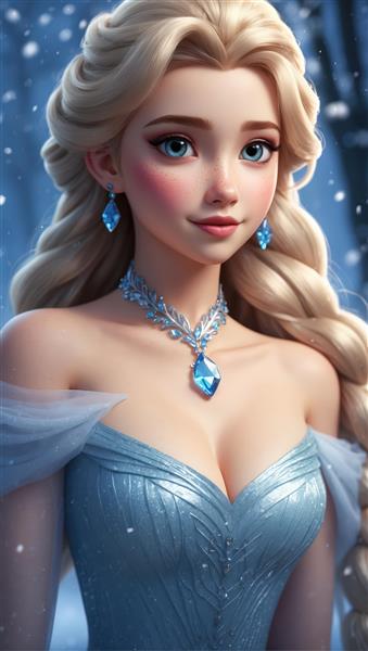 پرتره نزدیک السا با موهای بلند بافته و گردنبند آویز آبی برای دکوراسیون