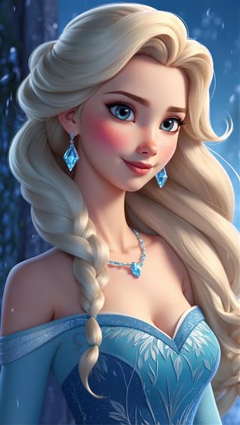 تصویر پرتره السا با بافت موی موج‌دار و گردنبند کریستالی آبی