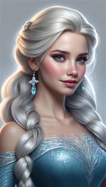 پرتره واقع‌گرایانه السا با موهای بلوند نقره‌ای و جواهرات فانتزی