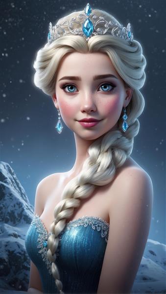 تصویر پرتره السا با بافت موی ضخیم و تاج کریستالی آبی در فضای باز برفی