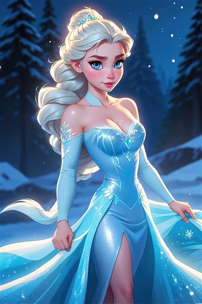 تصویر تمام‌قد السا با لباس مجلسی شیک و موهای جمع‌شده در طبیعت برفی