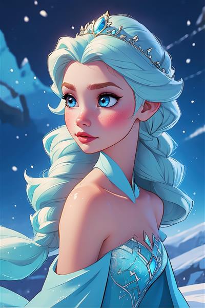 پرتره ملکه یخی با موهای بافته و موج‌دار در کوهستان برفی مناسب چاپ عریض