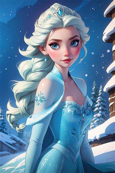 تصویر تمام‌قد السا در لباس آبی براق با بافت موی موج‌دار در زمستان