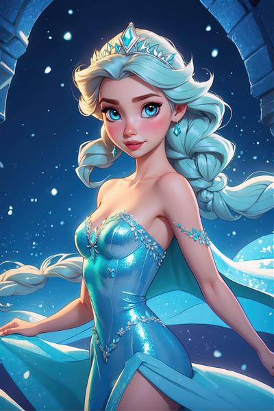 طرح السا با لباس مجلسی براق و دنباله بلند زیر طاق یخی مناسب پوستر عریض