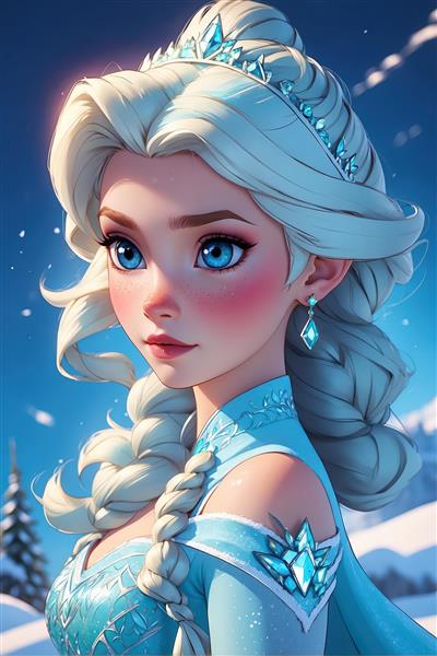 پرتره ملکه یخی با موهای بافته، آرایش جذاب و پس‌زمینه زمستانی برای چاپ