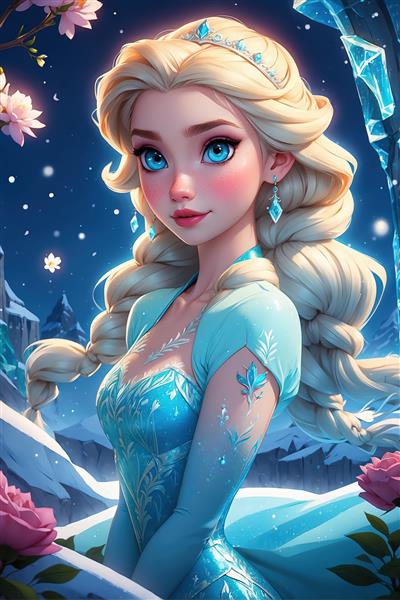 تصویر پرتره السا با بافت موی طلایی و گل‌های رز صورتی در پس‌زمینه برفی