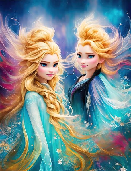 پوستر فانتزی دو خواهر با موهای بلند طلایی و هاله رنگین‌کمانی برای دکور