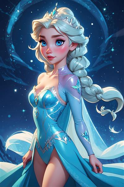 طرح فانتزی و باکیفیت السا با بافت موی ضخیم در شب زمستانی پرستاره