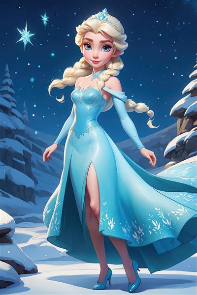 تصویر تمام‌قد السا در لباس آبی براق با مناظر برفی مناسب تابلو دکوراتیو