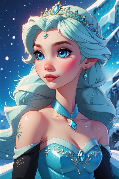 پوستر پرتره ملکه السا با تاج کریستالی و لباس فیروزه‌ای برای چاپ عریض