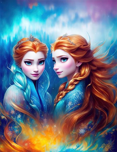تصویر فانتزی دو پرنسس با موهای قرمز و طلایی در میان رنگ‌های آتش و یخ