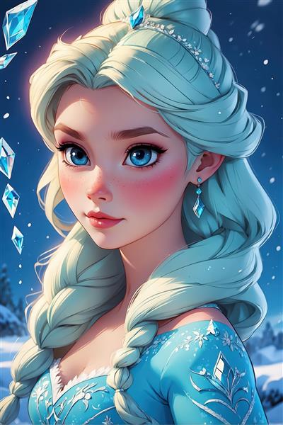 پرتره فانتزی السا با بافت موی بلند و لباس آبی برای چاپ پوستر