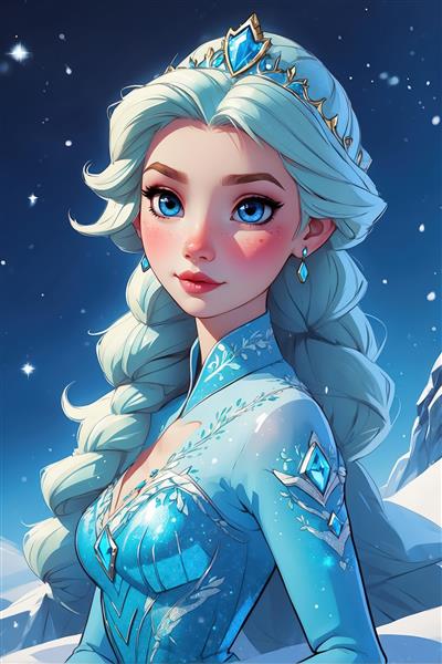 پوستر پرنسس السا در لباس زمستانی آبی با بافت موی بلند و تاج الماس