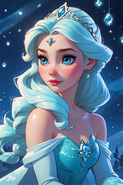 تصویر پرتره ملکه یخ (السا) با جواهرات کریستالی و پس‌زمینه شب برفی