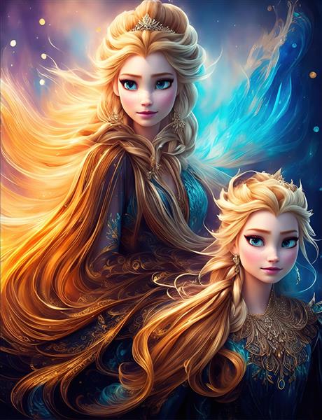 تصویر فانتزی دو خواهر با موهای طلایی و عبای سلطنتی (السا و آنا)