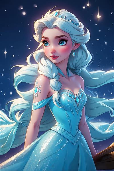 تصویر فانتزی پرنسس یخی با موهای بلند و لباس پرزرق و برق آبی