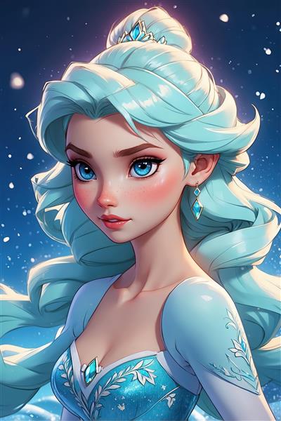 پوستر باکیفیت ملکه یخ و برف با لباس آبی در شب پرستاره برای تابلو