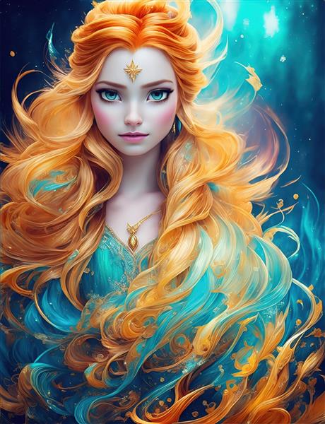 تصویر پرنسس یا الهه آتش و آب با موهای نارنجی و لباس آبی فیروزه‌ای