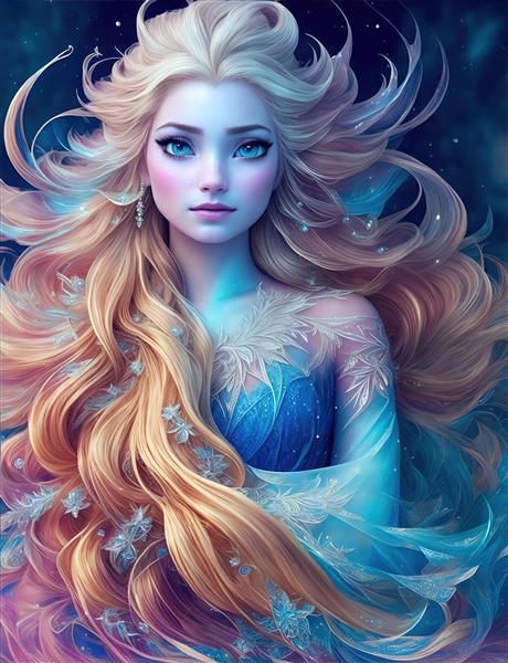 تصویر پرتره فانتزی الهه یخ با موهای بلوند بلند و پس‌زمینه صورتی آبی