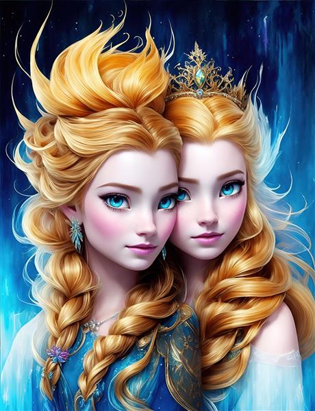 پوستر پرنسس‌های دوقلو با موهای طلایی و آرایش پرنسسی برای چاپ