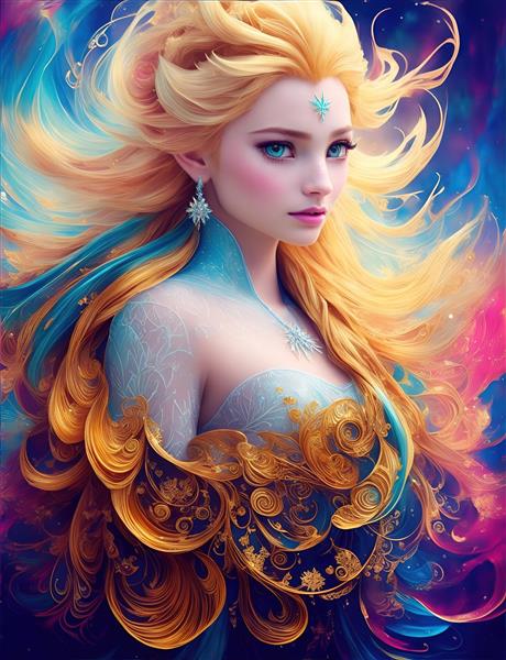 تصویر فانتزی الهه مو طلایی با آرایش رنگی برای تابلو دکوراتیو لوکس