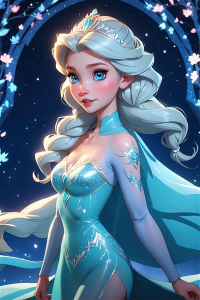 تصویر پرنسس السا در لباس آبی یخ با پس‌زمینه شب پرستاره مناسب پوستر