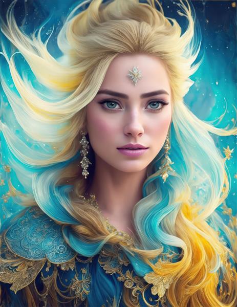 تصویر پرتره فانتزی باکیفیت پرنسس با موهای طلایی و آبی مناسب چاپ عریض