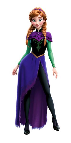 آنا با لباس بنفش سلطنتی و آستین‌های سبز فسفری و کفش پاشنه‌دار