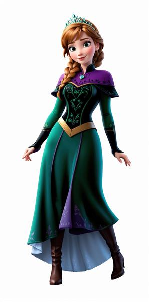 آنا با لباس سبز زیتونی و ارغوانی و تاج کوچک روی سر