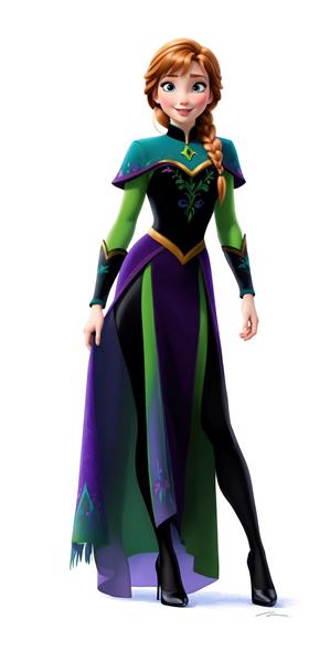 آنا با لباس ترکیبی سبز روشن و بنفش تیره در حال ژست گرفتن