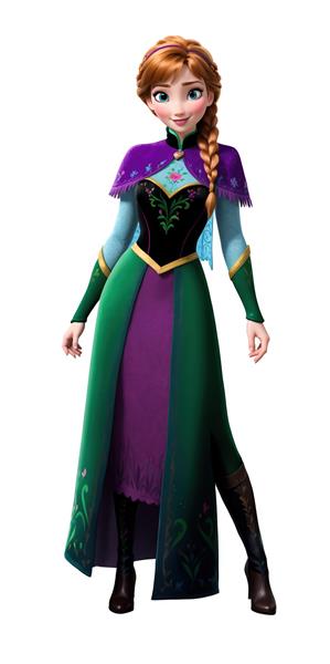 آنا با لباس سبز، بنفش و جلیقه مشکی با بوت‌های بلند