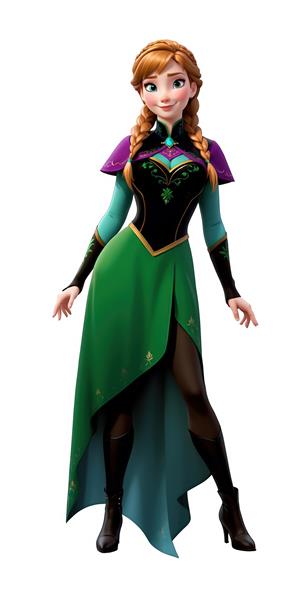 آنا با لباس سبز سلطنتی و دامن کلوش نامتقارن روی زمینه سفید