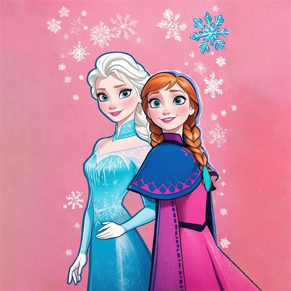 طرح مربع دکوراتیو السا و آنا با دانه‌های برف روی پس‌زمینه صورتی