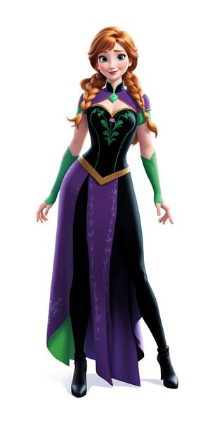 آنا با لباس ارغوانی و سبز با جزئیات مشکی و دستکش‌های سبز فانتزی