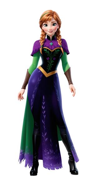 تصویر کامل آنا با لباس سبز و بنفش و بوت‌های مشکی