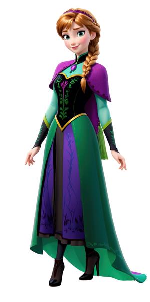 آنا با لباس مجلسی دنباله‌دار سبز و ارغوانی با شنل کوتاه