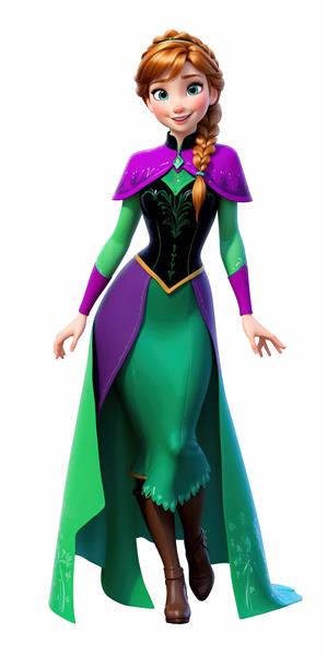 تصویر تمام‌قد آنا با لباس سبز، بنفش و مشکی در حالت ایستاده