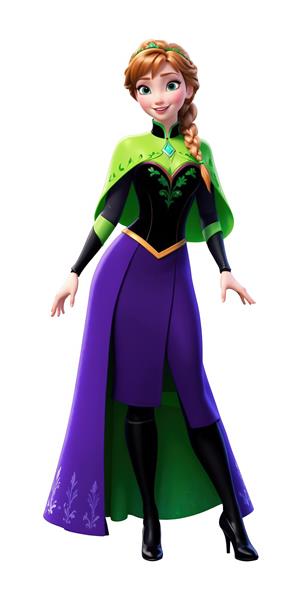 آنا با شنل کوتاه سبز و لباس بنفش و مشکی روی پس‌زمینه سفید