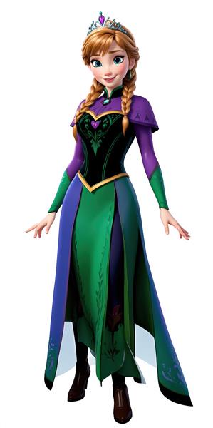 آنا با لباس مجلسی بلند بنفش و سبز زمردی روی پس‌زمینه سفید