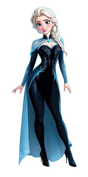 السا با لباس آبی یخی و مشکی جذاب و شنل توری روی پس‌زمینه سفید