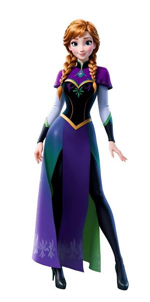 آنا با لباس ارغوانی و سبز رسمی و بلند روی پس‌زمینه سفید