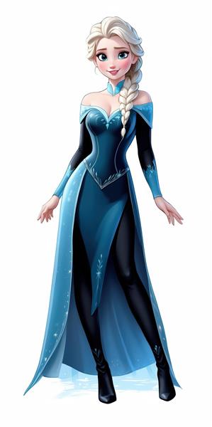 السا با لباس آبی تیره و مشکی شیک و دامن بلند با طرح‌های برفی