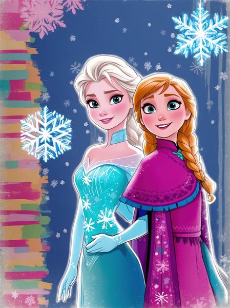 پوستر السا و آنا با استایل آبرنگی و پس‌زمینه آبی طرح‌دار برفی