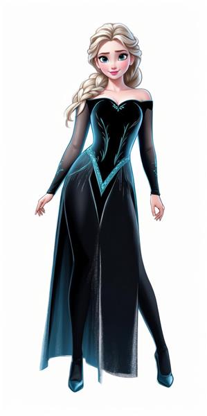 طرح السا با لباس مشکی دکلته و آستین توری آبی روی پس‌زمینه سفید