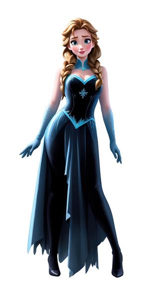 السا با لباس مشکی و دامن آبی باز با دستکش‌های یخین روی پس‌زمینه سفید